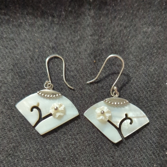 Hand Crafted Jewelry - Sterling Silver Carved Mother Of Pearl Floral Fan Shape Statement Earrings
